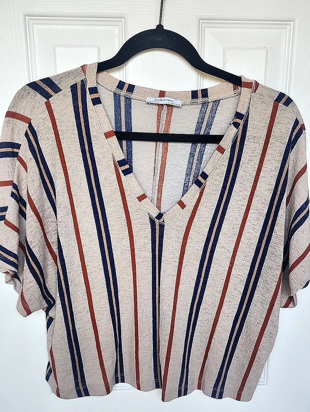 Zara Striped Short Sleeve Blouse in Beige & Blue Size Medium